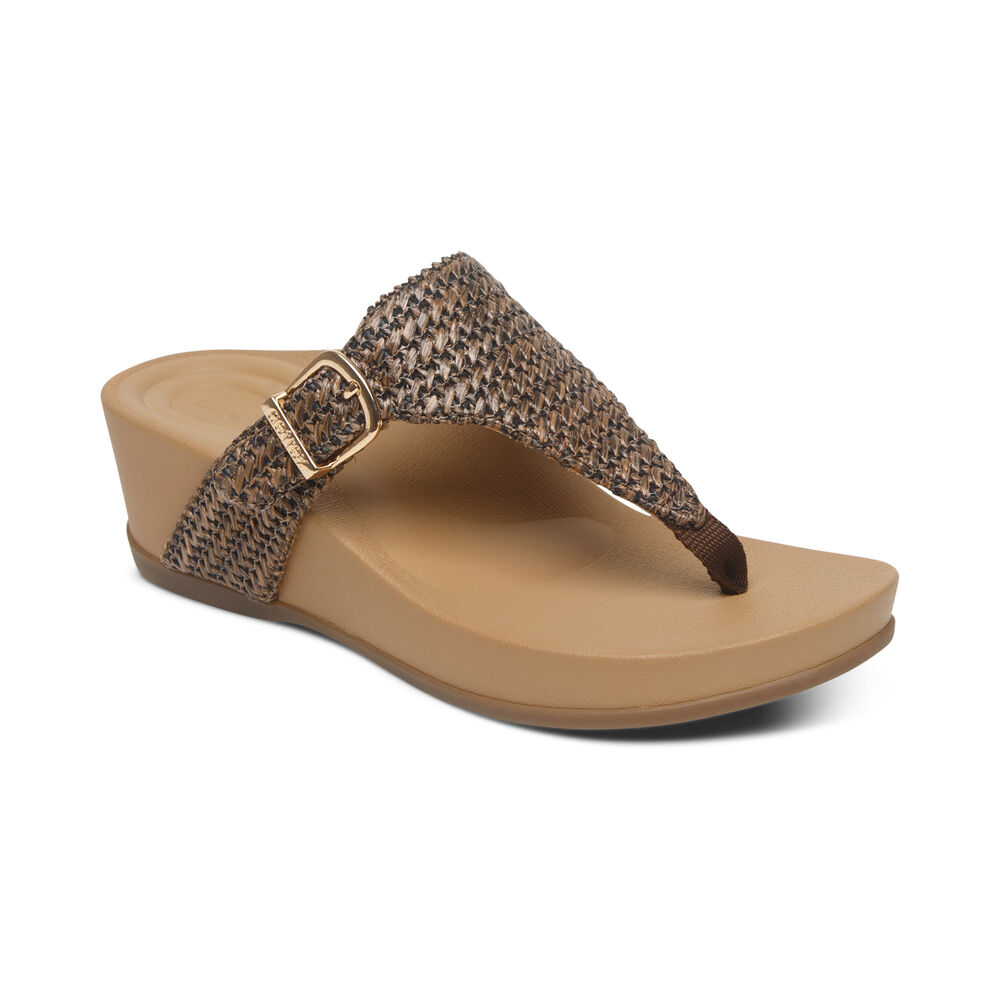 Aetrex Women's Kate Thong Wedge Sandals - Brown | USA J1TFDPY